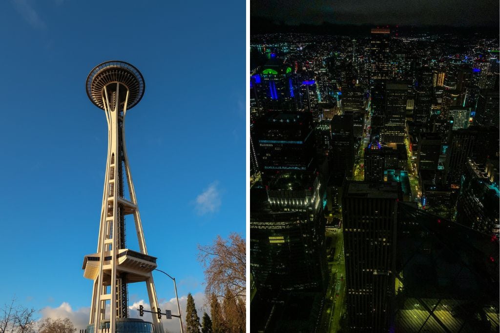 Two pictures. The left picture is of the Seattle Space Needle taken from below. The right picture is Seattle at night taken from the top of the Sky View Observatory. Since the Seattle Space Needle is so expensive, I would recommend visiting the Columbia Tower instead.
