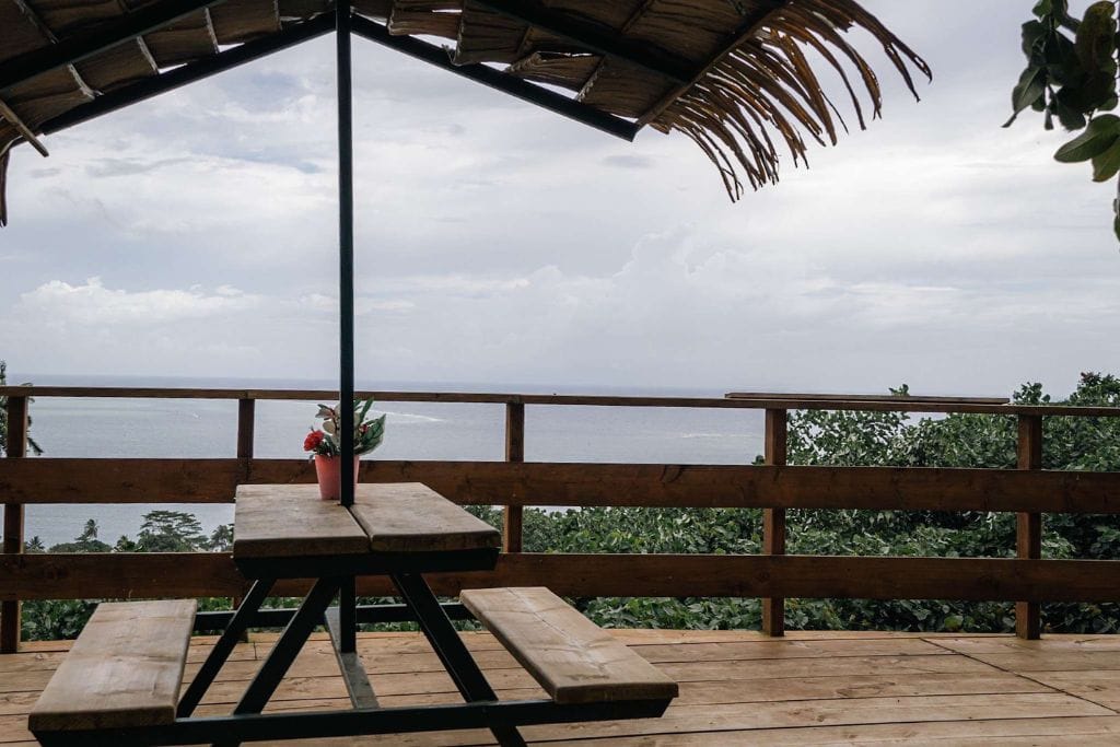 A picture of a empty table at Moorea Tropical Garden with the beautiful view in the background. Tipping is not required or expected in French Polynesia but can be a nice gesture if you choose to do so.