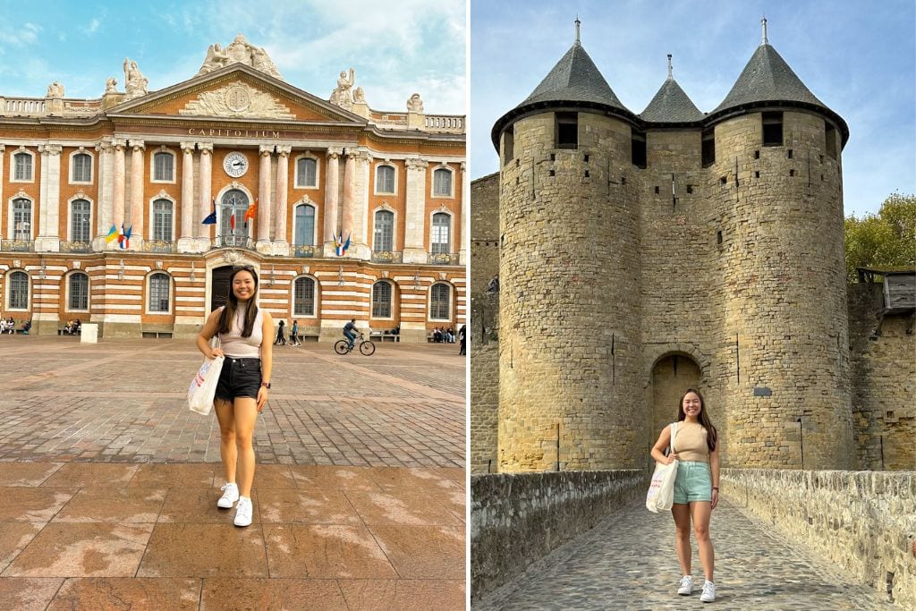 Two pictures. The left picture is Kristin in front of the Capitole building in Toulouse and the right picture is Kristin in front of Comtal Castle in Carcassonne. 