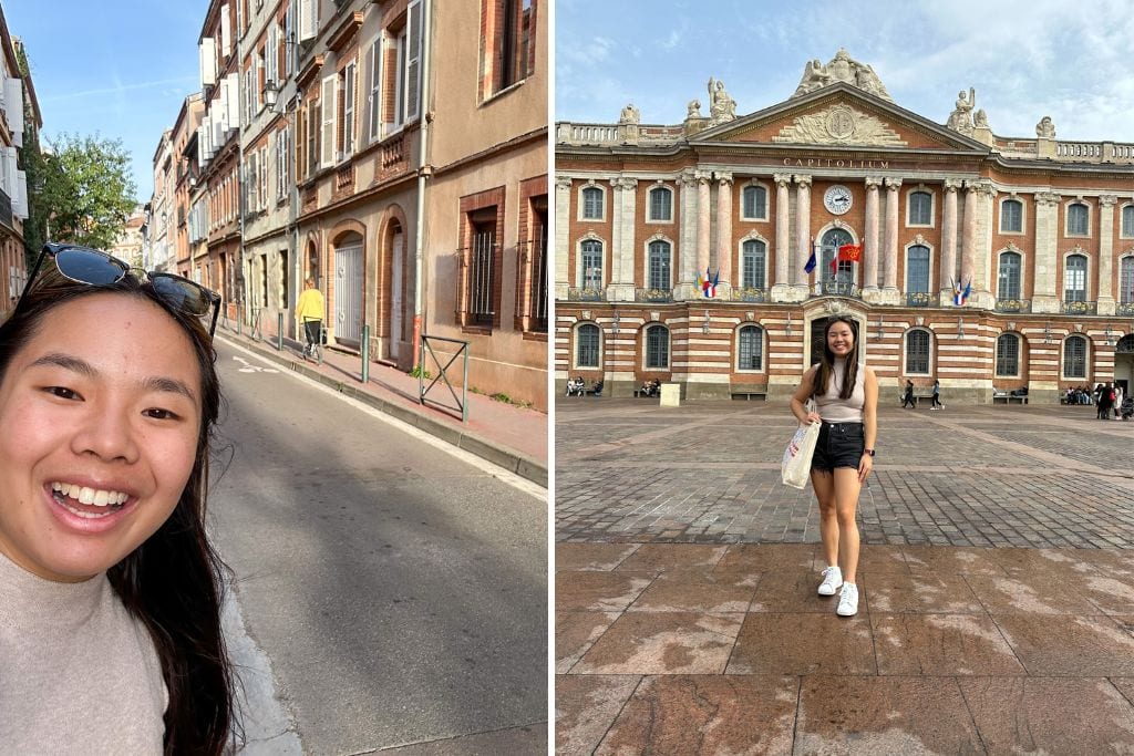 Two pictures of Kristin smiling while traveling through Toulouse!