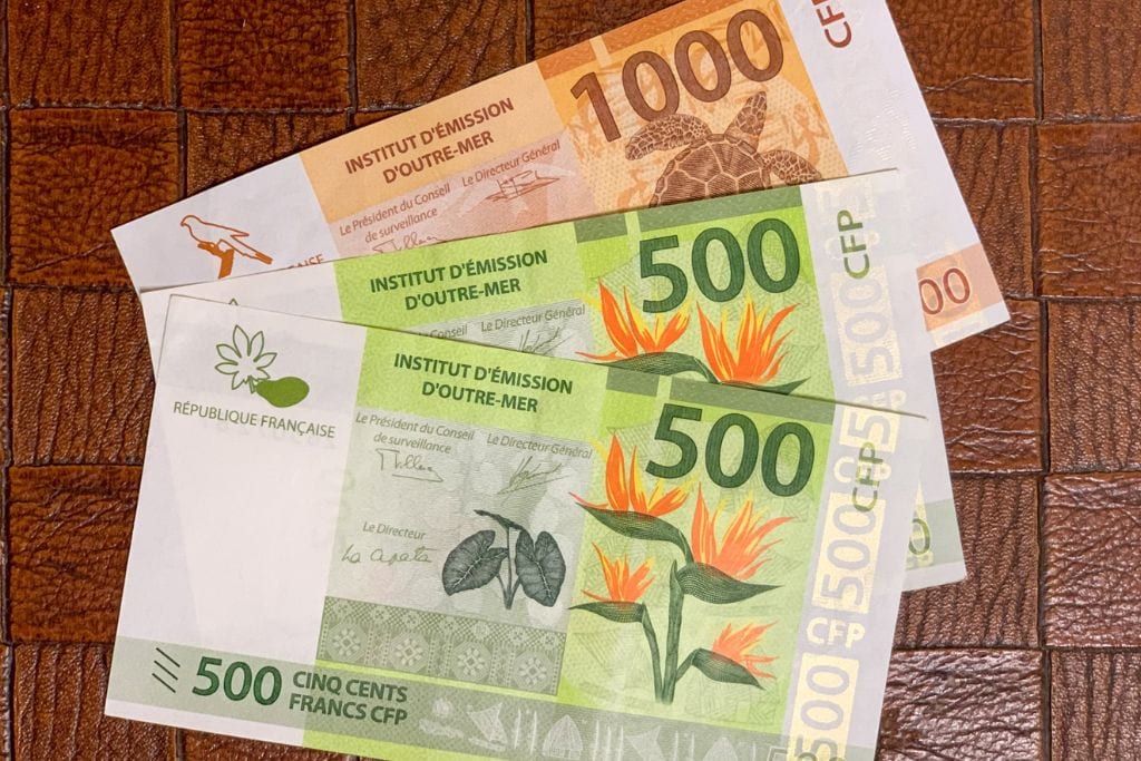 A picture of French Polynesia currency. Bring French Polynesian cash if you plan on tipping and to pay smaller vendors.