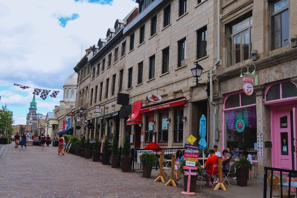 A picture of the storefronts in Old Montreal. You'll see lots of Canadian Grand Prix F1 decorations around this area during race weekend.