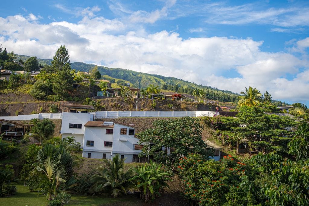 A picture of local housing along the mountainside in Tahiti.