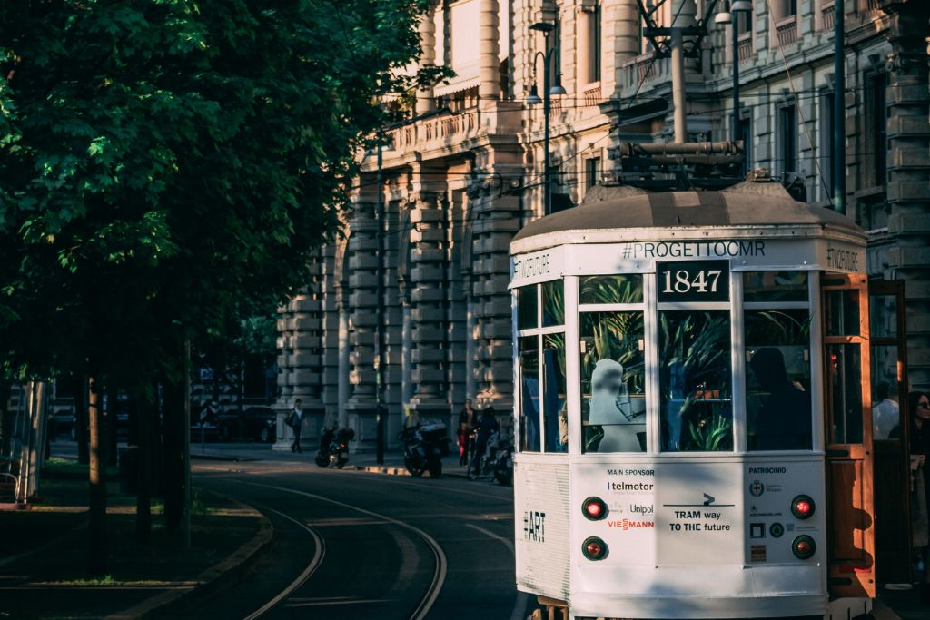 A picture of one of the trams in Milan. Public transport in Milan isn't expensive and is very efficient.