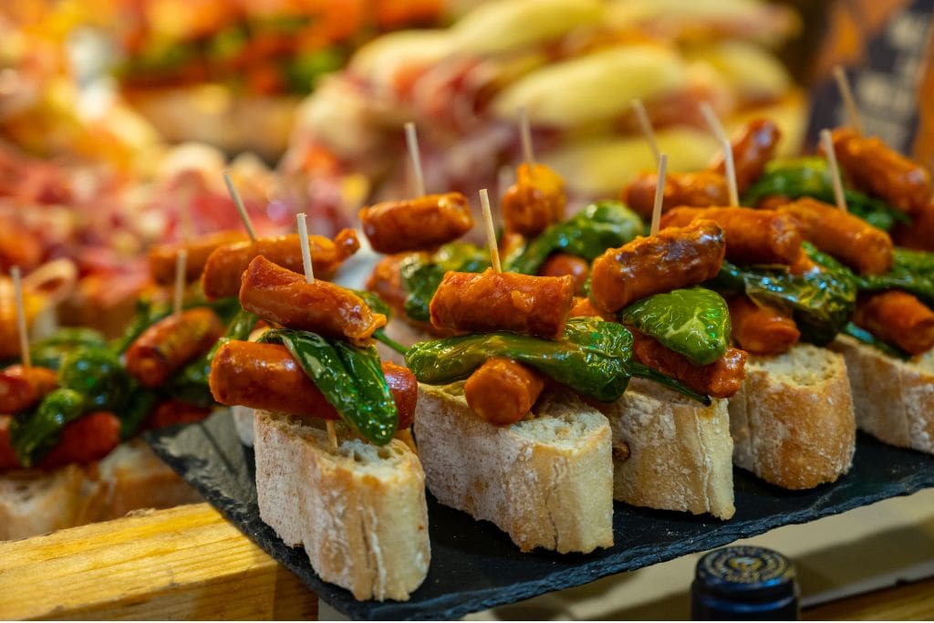 A picture of Basque pintxos, which you cann sample plenty of on a Bilbao Food Tour.