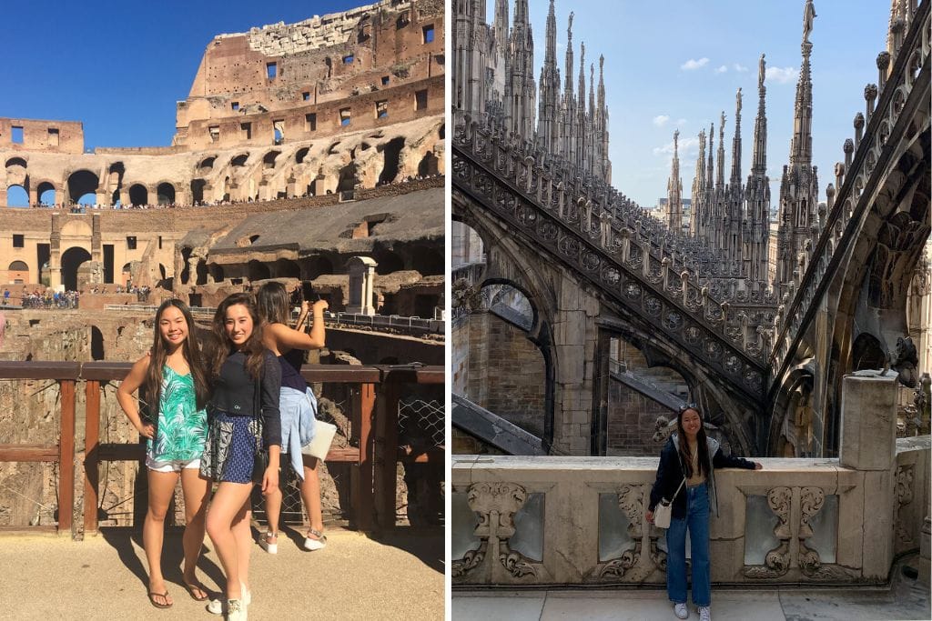 Two pictures. The left picture is Kristin with a friend in Rome and the right picture is Kristin on the rooftop of the Duomo. Milan is more expensive than Rome on average.