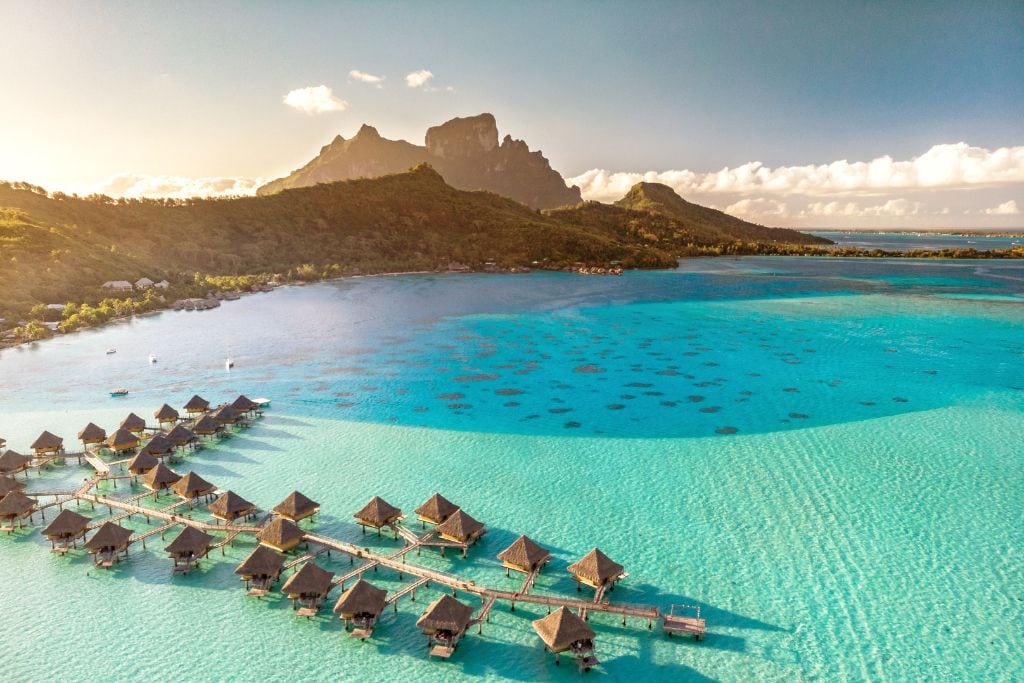 A picture of overwater bungalows at one of the resorts in Bora Bora.