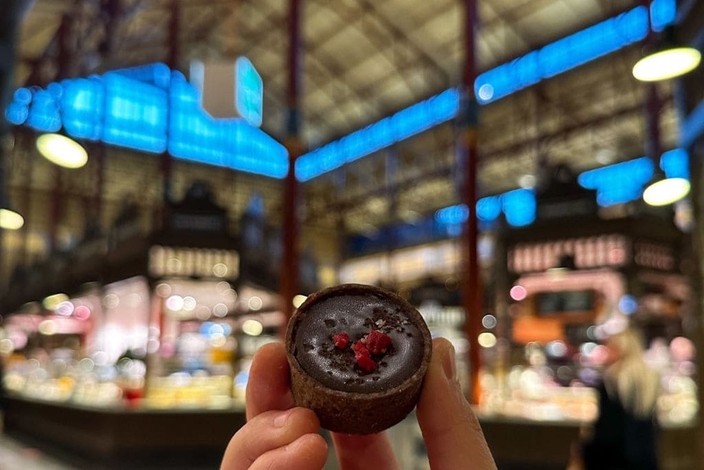 A picture of a gourmet chocolate I ate in Stockholm's Saluhall! Ennjoy these homemade treats on a food tour in Stockholm