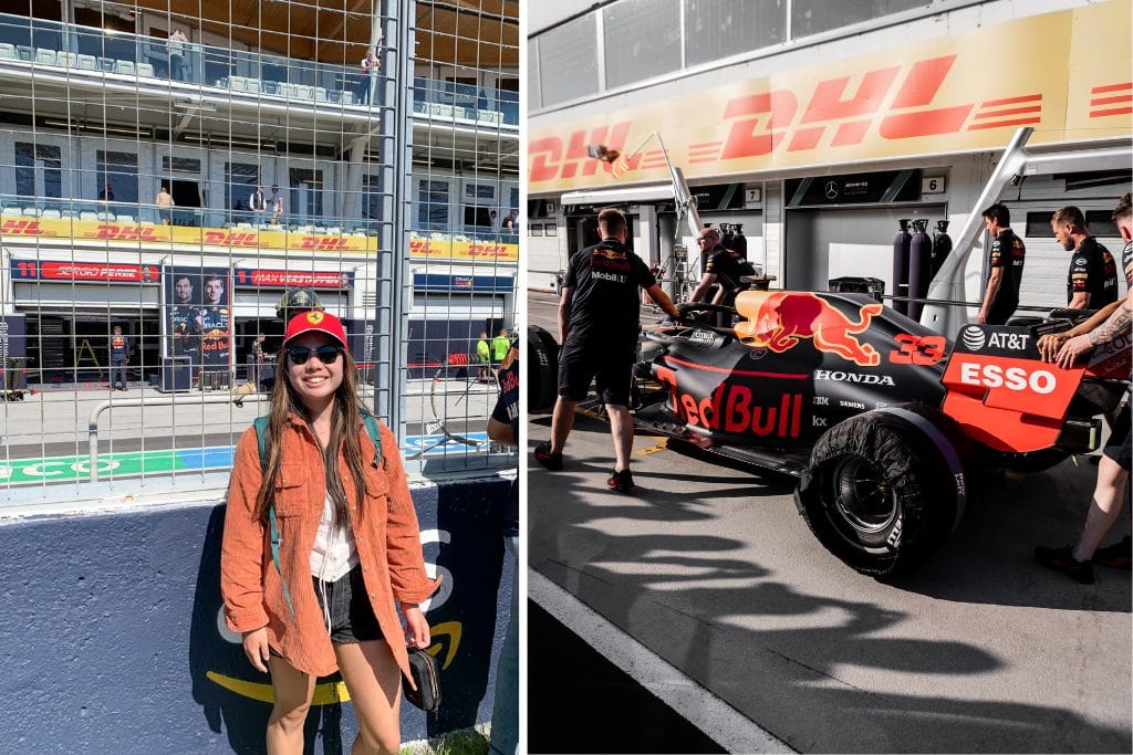 A picture of Kristin at an F1 Race. If you can't attend a real race, you could always make your own set up with F1 TV!