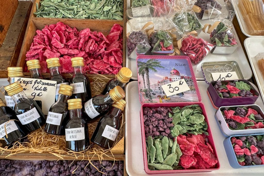 A picture of some treats and goods sold at the Cours Saleya Market in Nice.