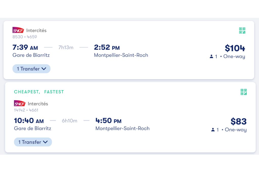 A picture of two different routes on Omio going from Biarritz to Montpellier.  The prices you see do not include the service fee.