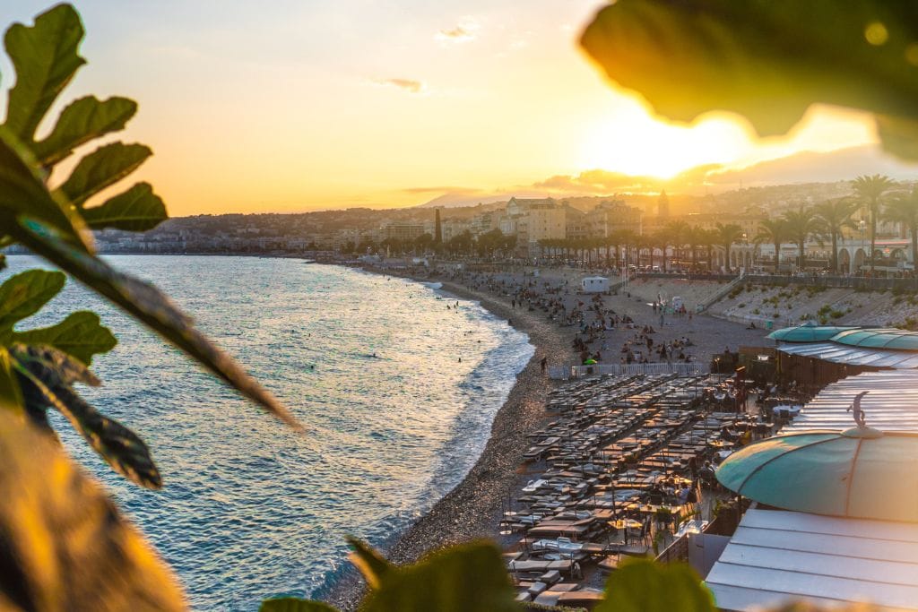 A picture of Nice's coastline at sunset.