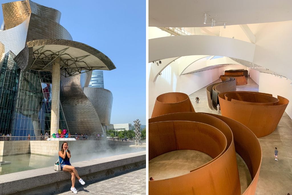 Two pictures. The left picture is Kristin extremely excited to be at the Guggenheim museum and the right picture is one of the giant art rooms within the Guggenheim. For many, including myself, Bilbao is worth visiting to see the Guggenheim Museum!