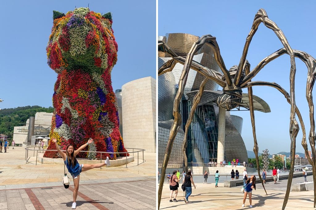 Two pictures of Kristin outside of the Guggenheim Museum! The left picture is Kristin in front of the dog flower structure and the right picture is Kristin cowering underneath the giant spider art installation.