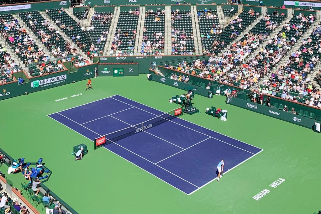 A picture of Nadal playing in Stadium 1 at Indian Wells.