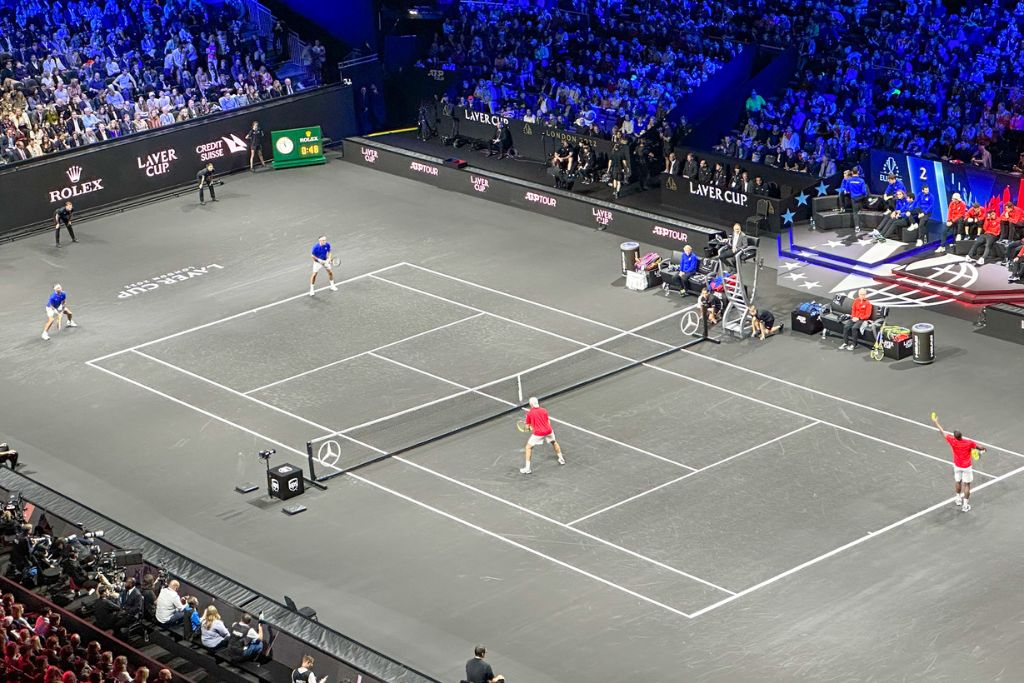 Roger Federer and Rafael Nadal playing Frances Tiafoe and Jack Sock at the London Laver Cup.