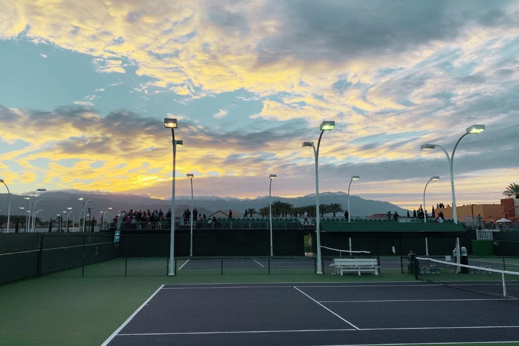 A picture of several tennis courts at Indian Wells Tennis Gardens.