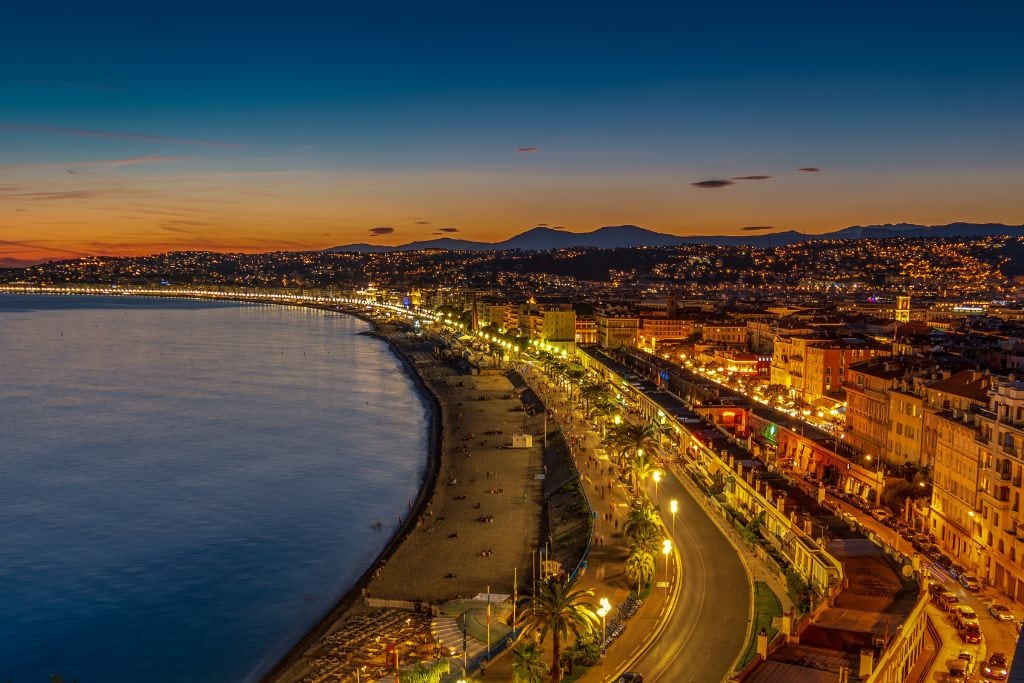 A picture of Nice coastline at night