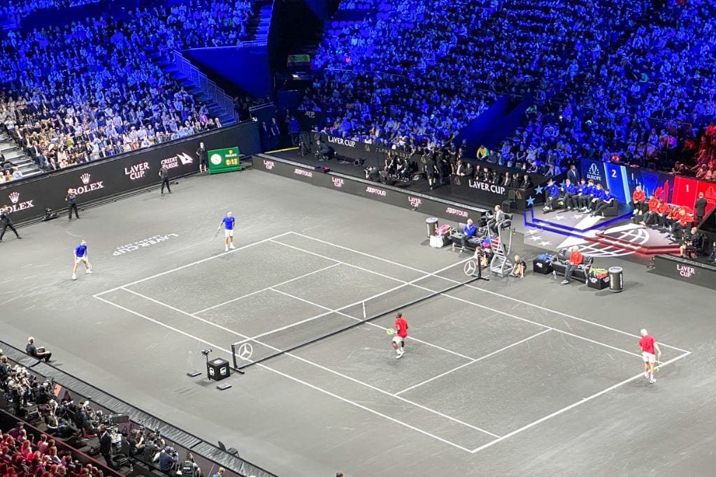 A picture of Roger Federer and Rafael Nadal playing against Frances Tiafoe and Jack Sock at the London Laver Cup. This was definitely a tennis match I'll never forget.