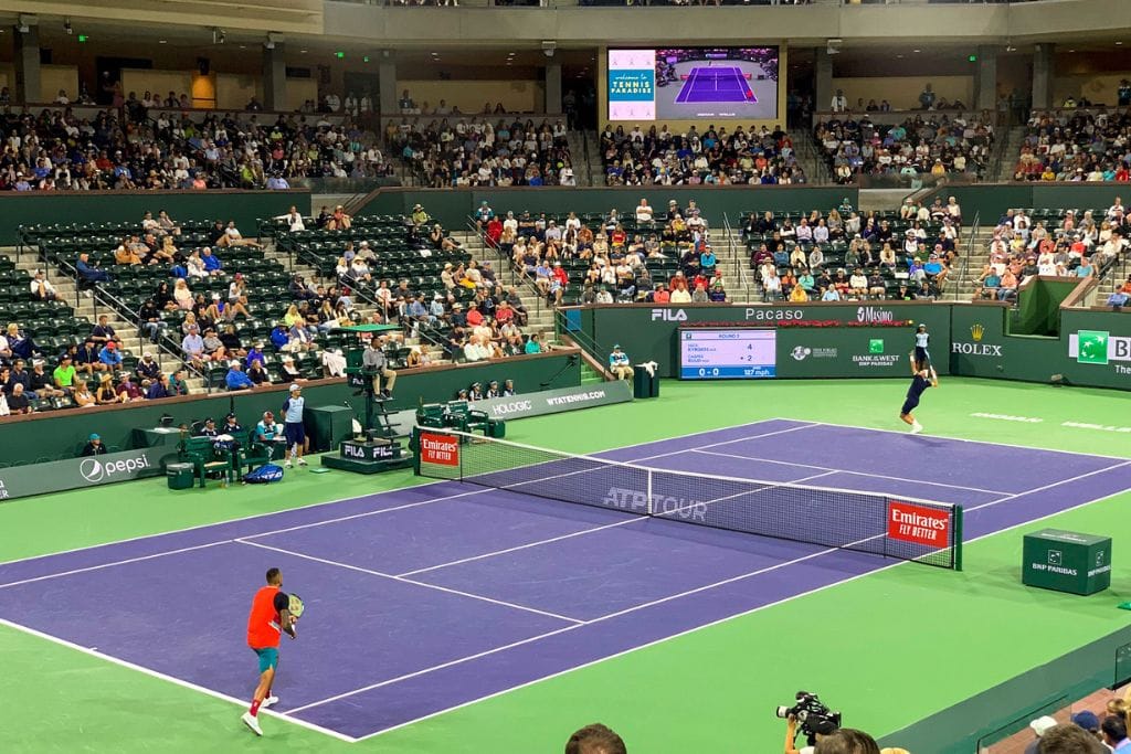 A picture of Nick Kyrgios & Casper Ruud playing a tennis match in Stadium 2 at Indian Wells.