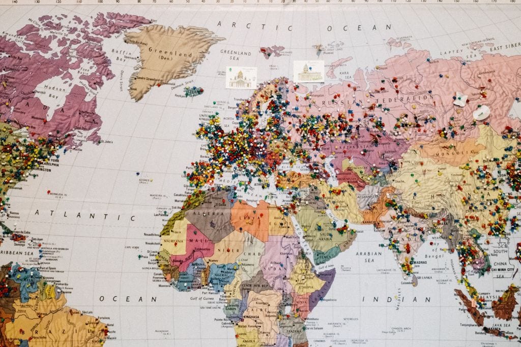 A picture of a map of the world. Omio provides transportation options for destinations in Europe, the US, and Canada.