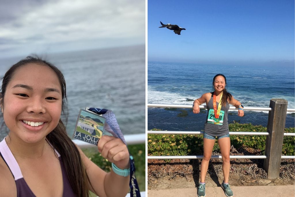 Two pictures of Kristin after completing the La Jolla Half Marathon in separate years.