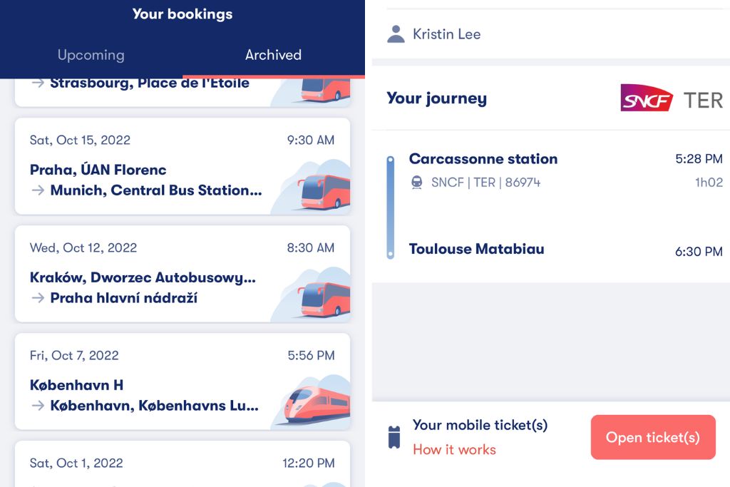 Two pictures taken directly from the Omio App. The left picture shows archived tickets/trips while the right picture shows what it looks like when you actually click a ticket.