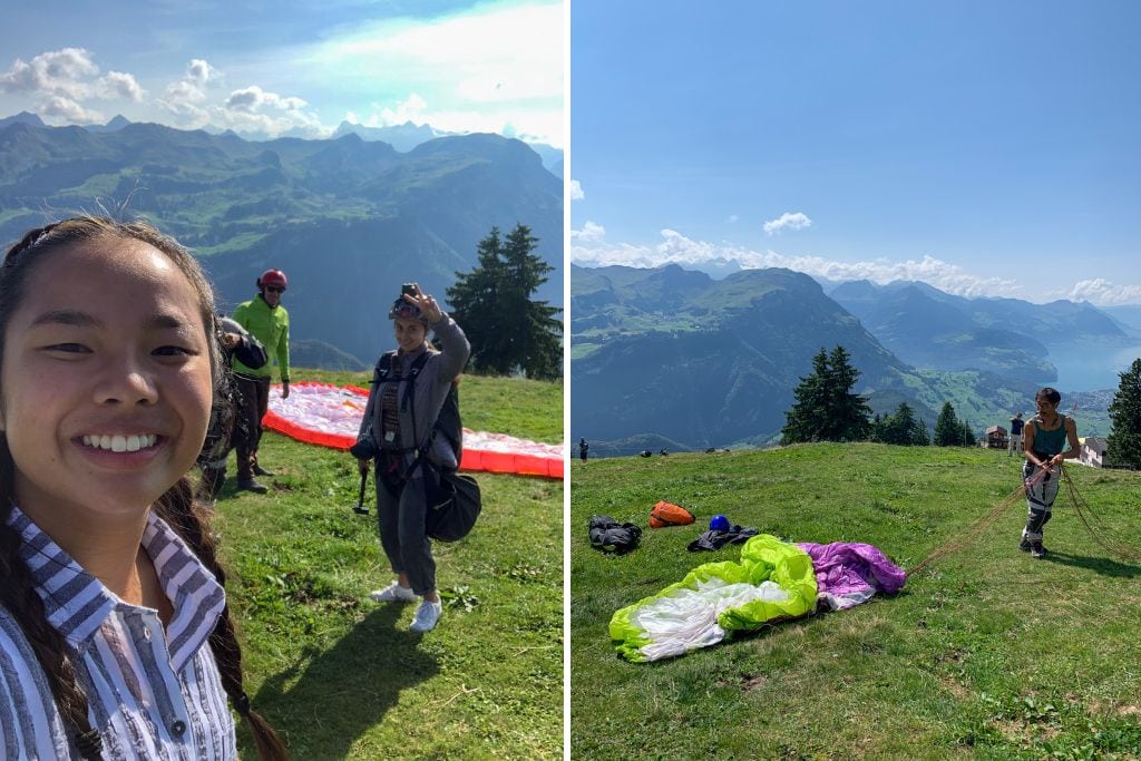 Two pictures. The left picture is of Kristin and her friend smiling before going paragliding. The right picture is of their pilot setting up the paraglider wing and doing all the necessary checks.