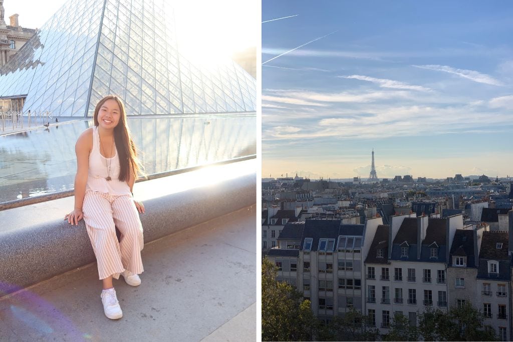 Two picture taken by Kristin while she was in Paris. The left picture is her in front of the Louvre while the right picture is taken from above at the Pompidou.