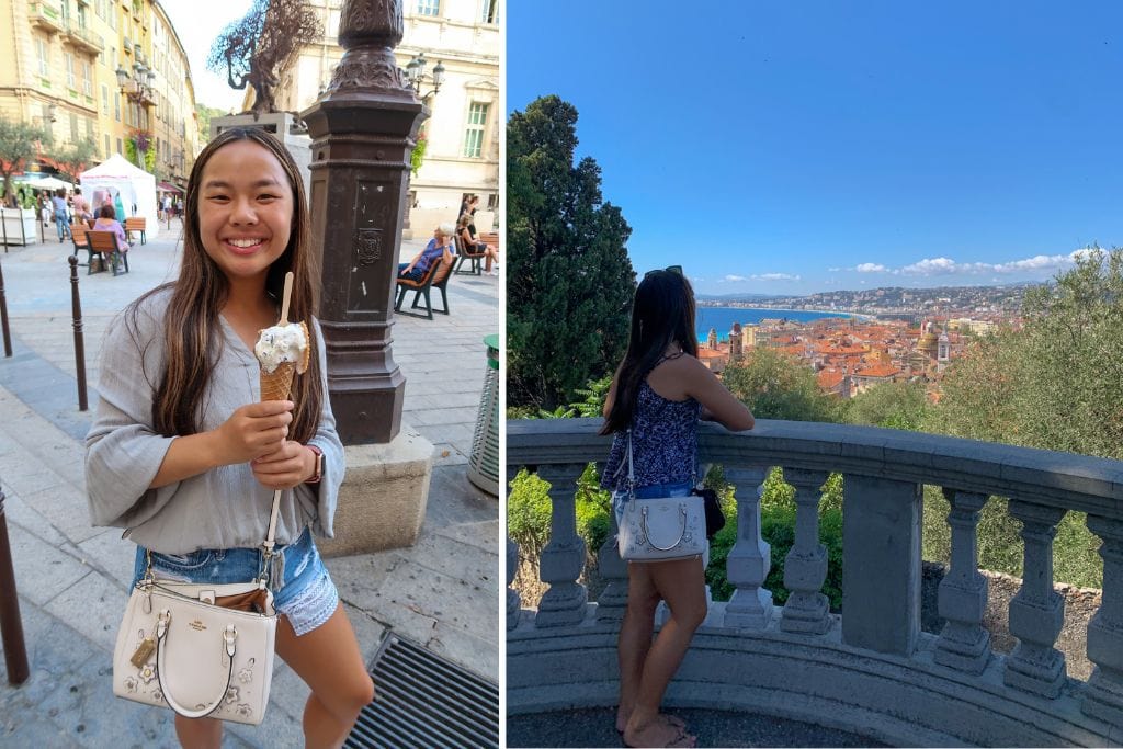 Two pictures of Kristin in Nice. The left picture is her with some gourmet ice cream and the right picture is of her looking over the city on Castle Hill.