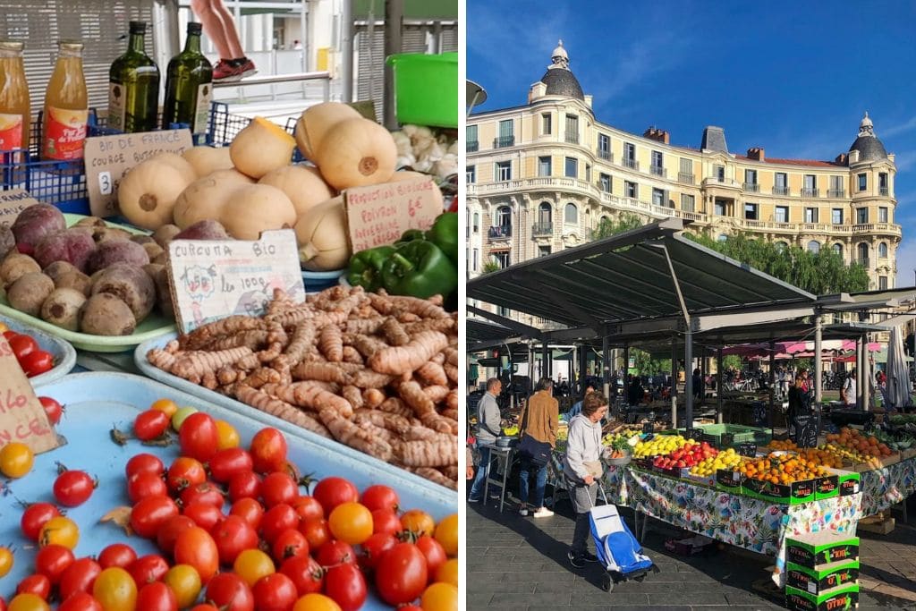 Two pictures taken at Nice's Liberation Market. You can save money and make Nice less expensive to visit by grabbing fresh produce from the markets instead of eating at restaurants so often.