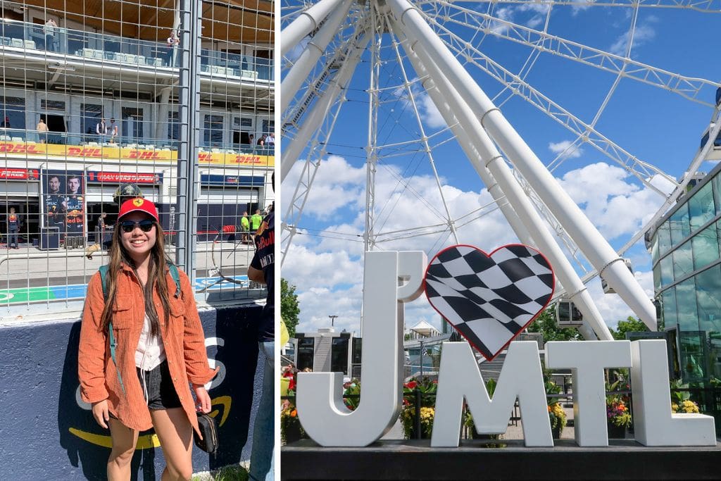 Two pictures. The left picture is of Kristin standing with the RedBull Paddocks in the background and the right picture is of a massive sign celebrating the Formula 1 Race weekend in Montreal.