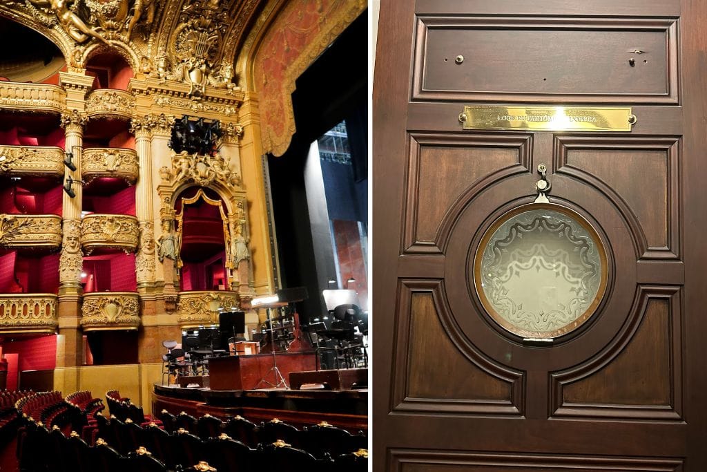 Two pictures. The left picture is of the Phantom's box and the right picture is of the door that says, "the Phantom of the Opera's box"