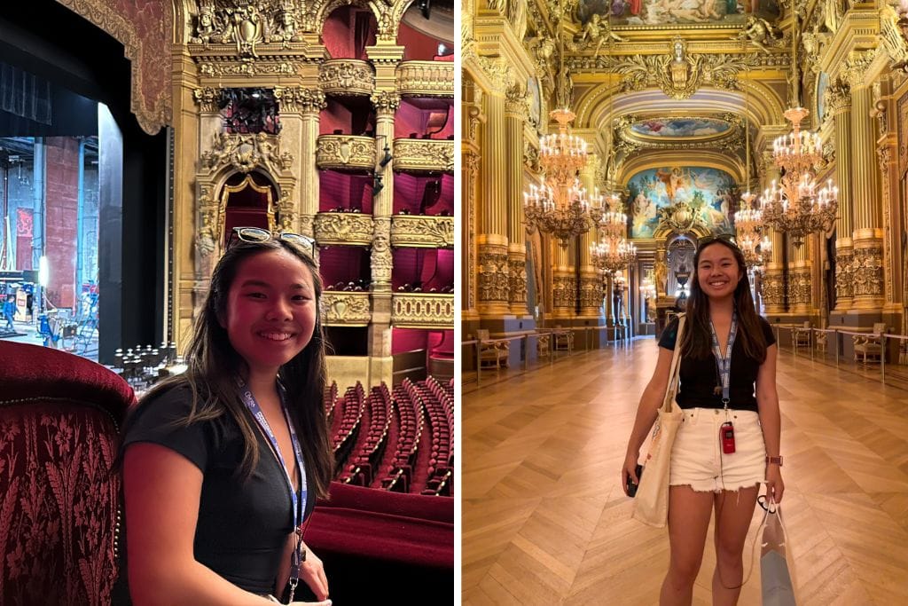 Two pictures. The left picture is of Kristin smiling in one of the box seats and the right picture is Kristin in the Grand Foyer at Palais Garnier.