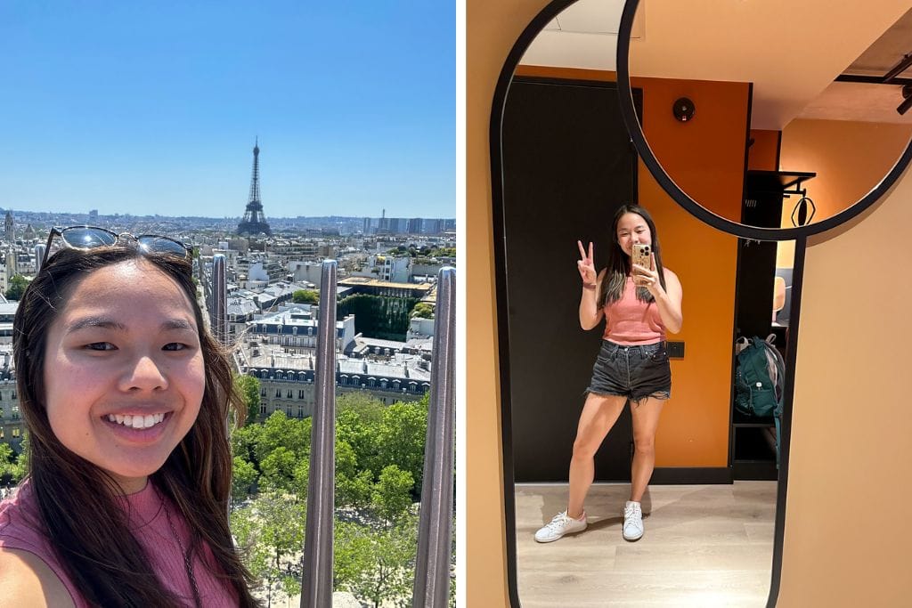 Two pictures of Kristin. The left picture is her at the top of the Eiffel Tower and the right picture is her in the mirror of her hotel room.