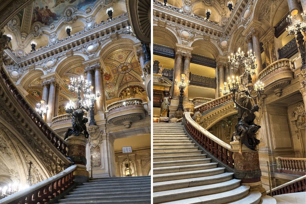 Two pictures of the staircases leading to the Grand Staircase. Walking up these steps and envisioning yourself back in the 1800s or 1900s is another reason I think the Palais Garnier is worth visiting.