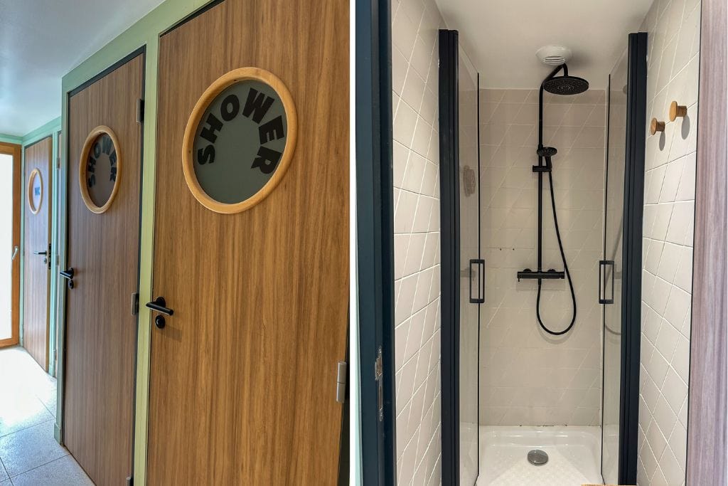 Two pictures. The left picture is of the outside of two shower stalls and the right picture is of the inside of a single shower stall at the People Hostel Paris Nation.