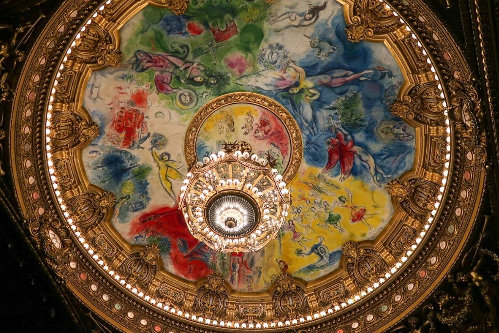 A picture of the painting behind the chandelier in the main auditorium by Marc Chagall.