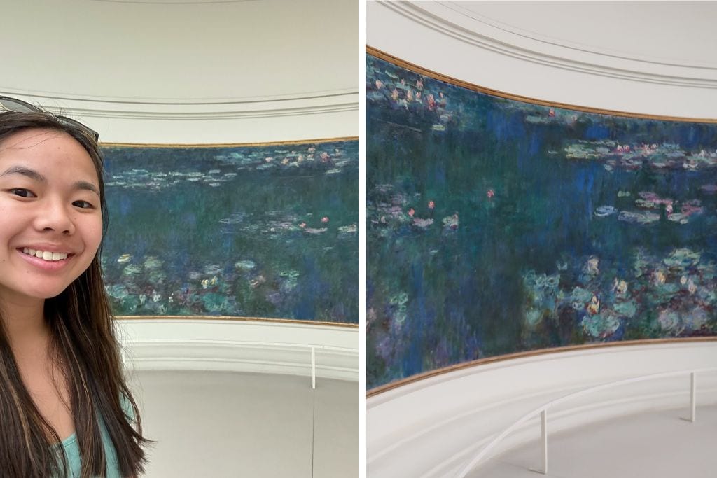 Two pictures. The left picture is of Kristin at the Musée de l’Orangerie and the right picture is of a portion of one of Monet's Water Lilies paintings.