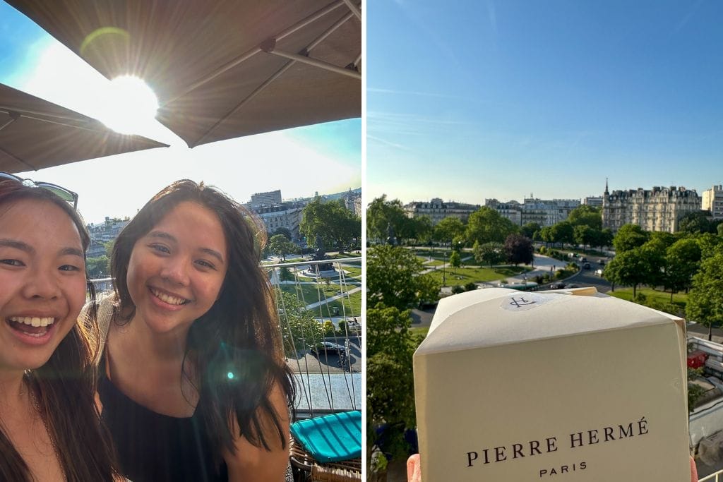 Two pictures. The left picture is of Kristin and her friend on top of the rooftop of the People Hostel Paris and the right picture is Kristin holding a box of gourmet pastries from Pierre Herme.