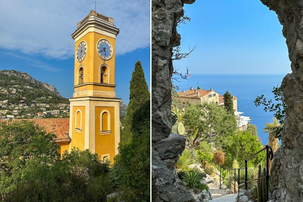 Two pictures. The right picture is of the yellow bell tower that's part of Notre Dame De L'Assumption church. The right picture is of the view seen from the botanical gardens.