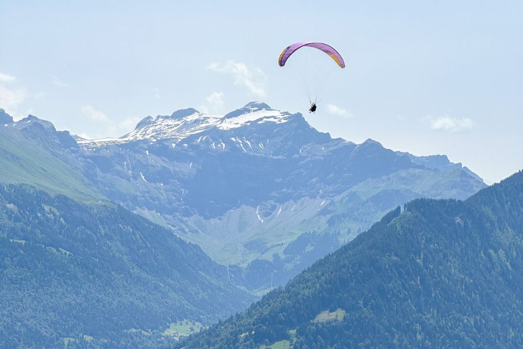 A picture of someone with a purple paraglider wing paragliding in Interlaken. You can see the Junfraujoch saddle in the background.
