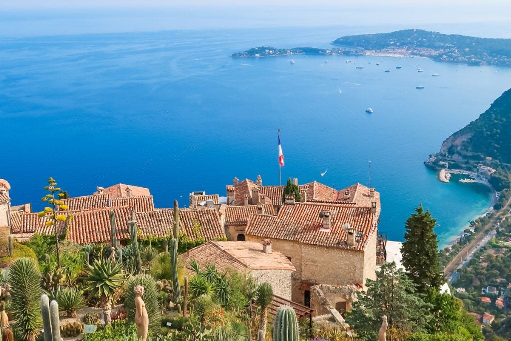 A picture of the French Riviera coast as seen from Le Jardin Exotique in Eze.