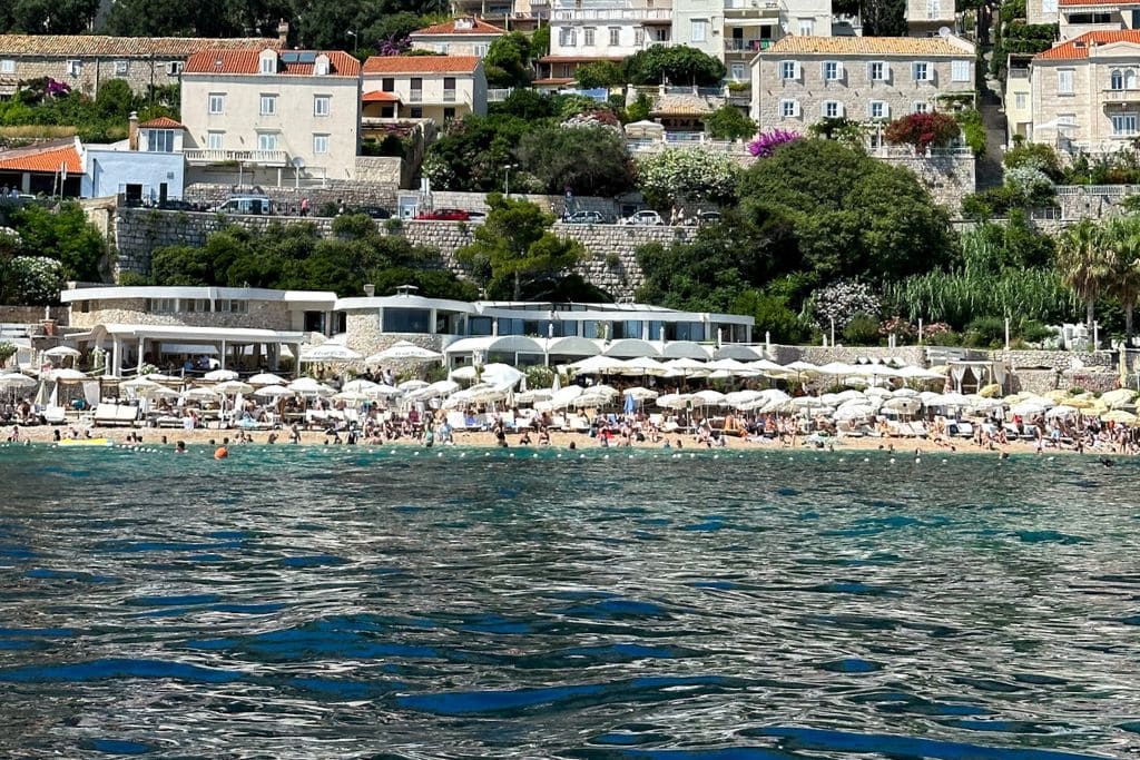 A picture of Banje Beach. Most Dubrovnik kayak tours leave from a small beach near Pile Gate. However, there is a tour that leaves from Banje beach, which might be more convenient for those near Ploče square.