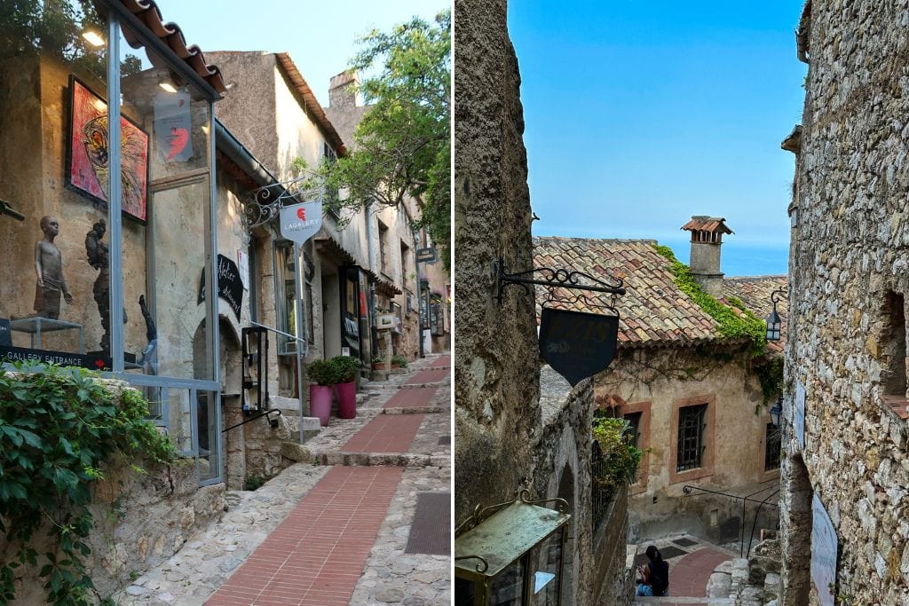 Two pictures taken in Eze Village. The left picture is of a gallery and artwork displayed along the streets, while the right picture is off the cobblestone alleyway.