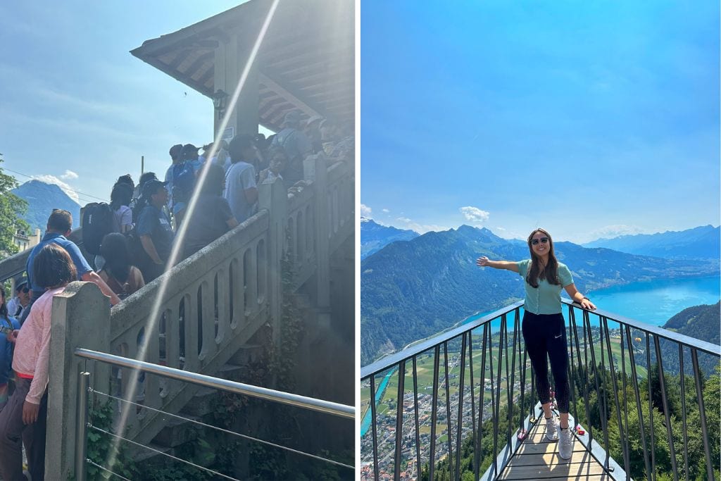 Two pictures: The left picture is of the massive line to purchase a funicular ticket up to Harder Kulm and the right picture is of Kristin standing at the observation point at Harder Kulm.