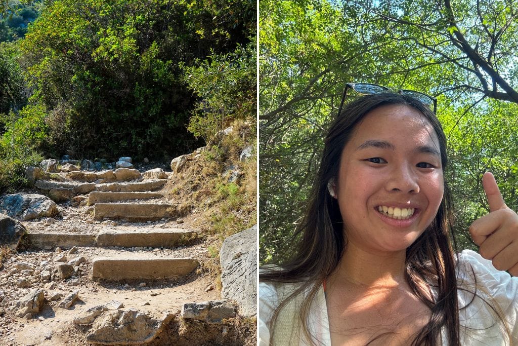 Two pictures taken from Chemin de Nietzsche. The left picture is of the steep and uneven steps along the trail while the right picture is a selfie of Kristin sweating and internally dying while hiking the trail.