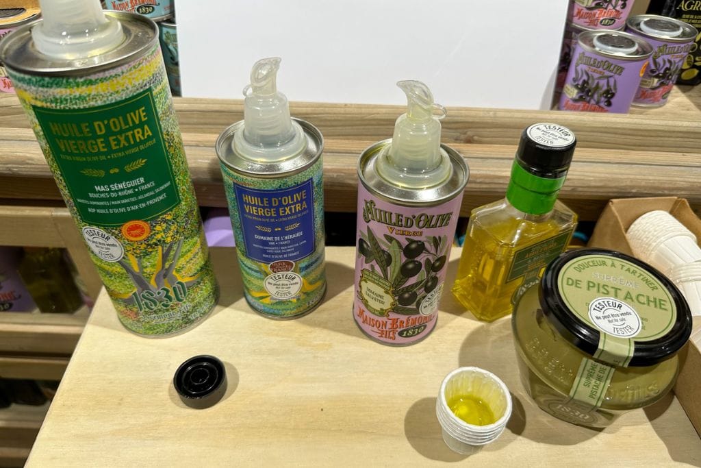 A picture of the many olive oils we tried on my food tour. After your food tour, I recommend circling back to grab a souvenir or two from one of the local vendors to remember your time in Nice France!