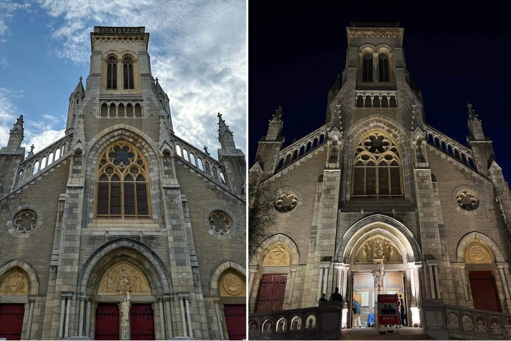 Two pictures of Sainte Eugenie Church of Biarritz. The left picture is the church during the day and the right picture is the church during night-time.