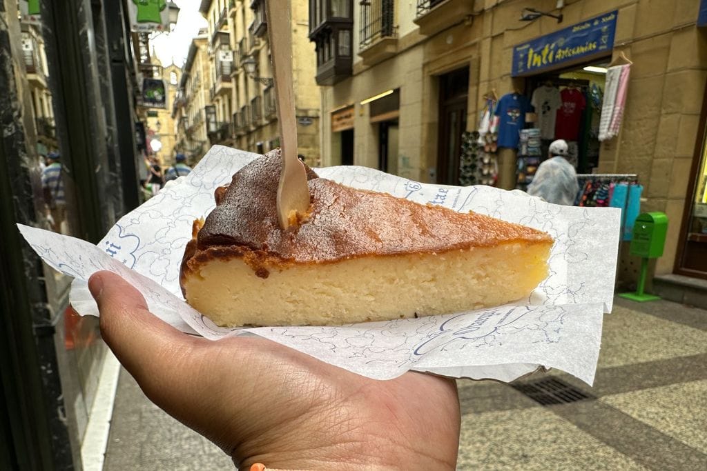 A picture of burnt basque cheesecake in San Sebastian. This is one of the dishes the city is known for!